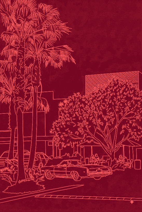 Line drawing of a palm lined street with a cafe